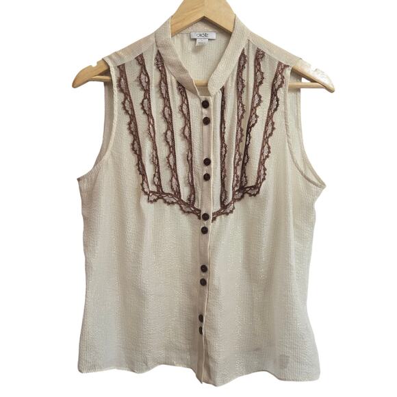 Cache Women Silk Metallic Sheer Lace Button Top L Boho Western Prairie Victorian - Picture 1 of 10